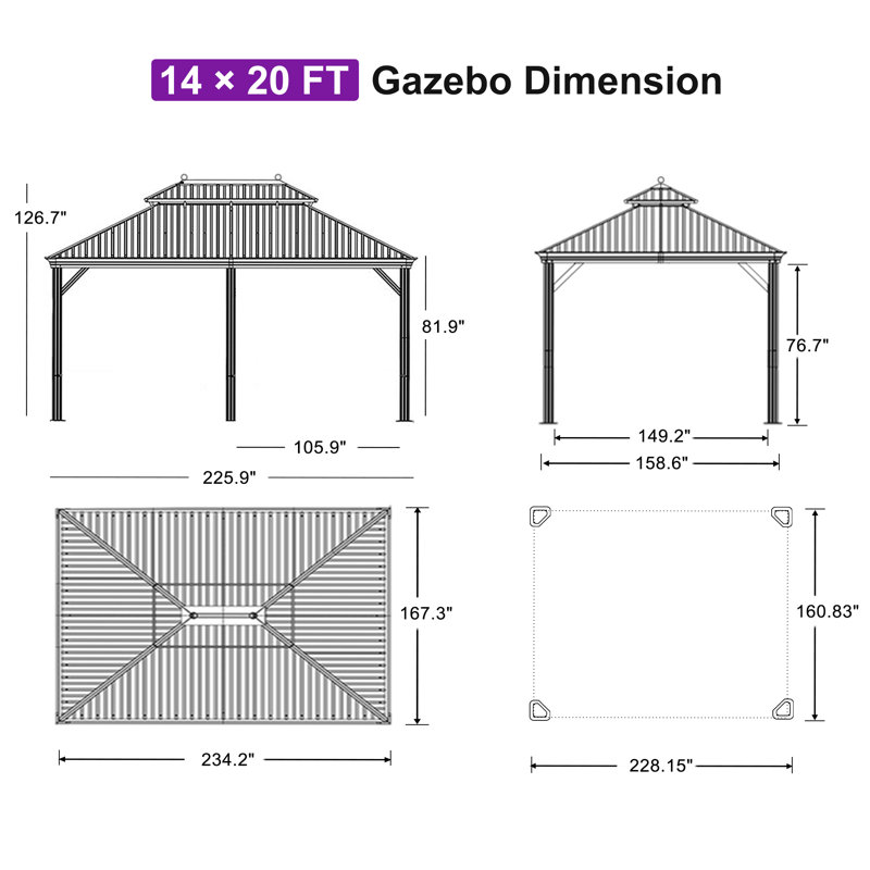 Grand pavillon de jardin avec toit en acier galvanisé, 10,5 pi X l 14 pi L 20 pi. D