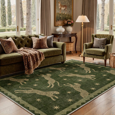 Vintage Cheetah Animal Print Machine Washable Area Rug, Olive Green Beige Distressed Non-Slip Rug for Living Room Bedroom