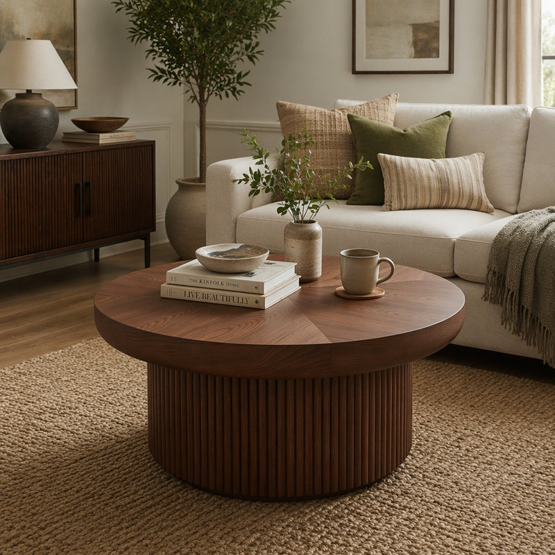 Bowe cannelé rond de 33,5 po avec plateau en bois véritable et base cylindrique, plateau de table épaissi, table basse Mid-Century moderne pour salon, petit espace