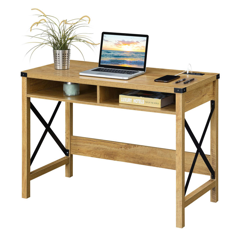 Griffen Writing Desk with Built-In Electrical Outlet, English Oak/Black
