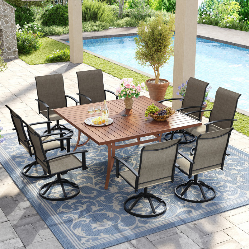 8-Person Square Patio Dining Set With Swivel PVC-coated polyester Chairs, Black/Brown