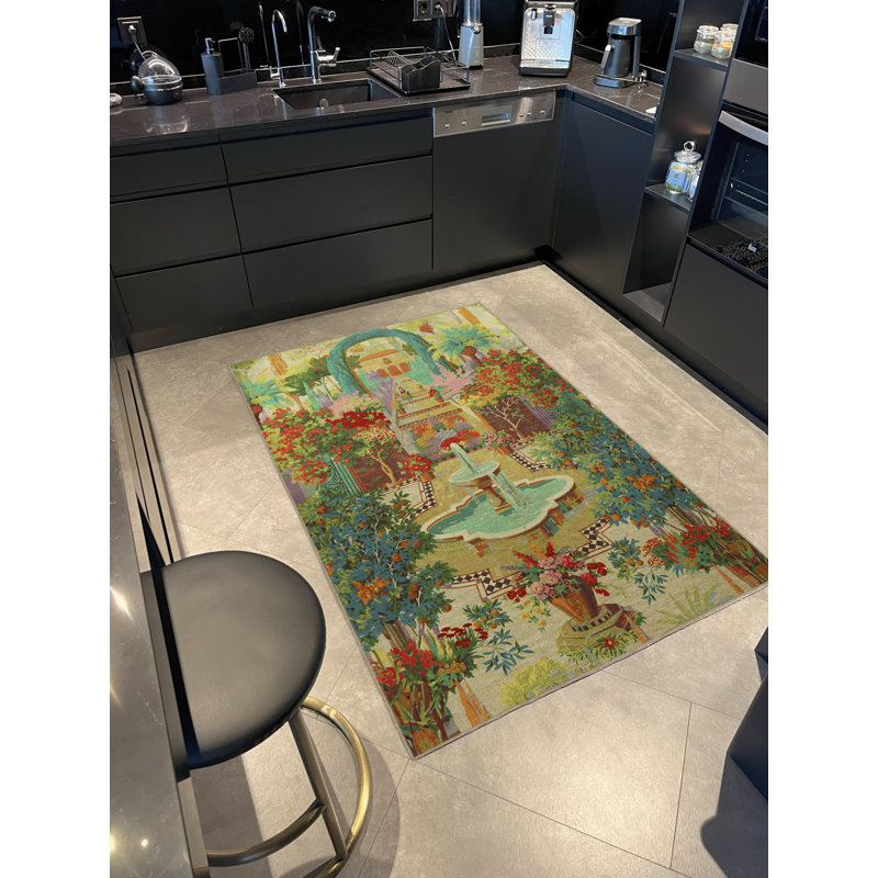 Tapis multicolore à motif de fontaine et d'arbre à motif de jardin Sarah, Rectangle 4 pi 7 po x 6 pi 7 po