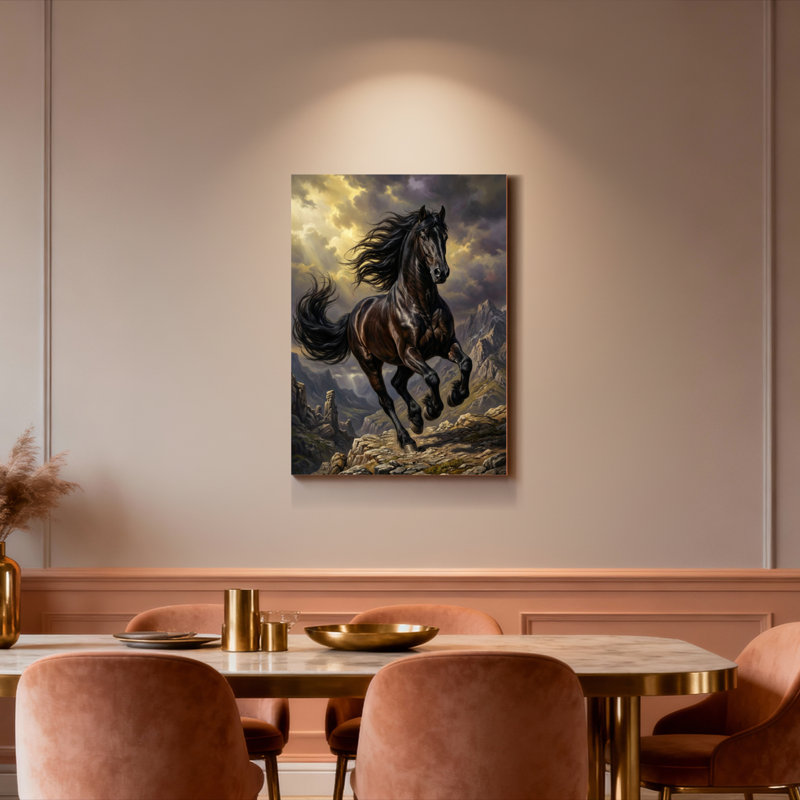 Ensemble de 1 tableau sur toile tendue représentant un cheval noir au galop dans un paysage de montagne, H 24 po x l 16 po