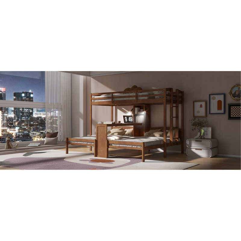 Lit superposé simple au-dessus de simple et simple avec bureau intégré et tablettes de rangement, lampe de lecture, 3 lits en 1, naturel