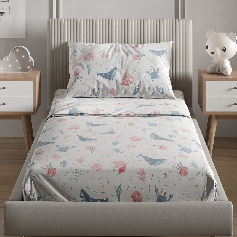 Kids Sheet Set, Soft Microfiber Bedding, Cozy & Breathable, Wrinkle Free Easy Care Bed Sheets, Fish White Pink