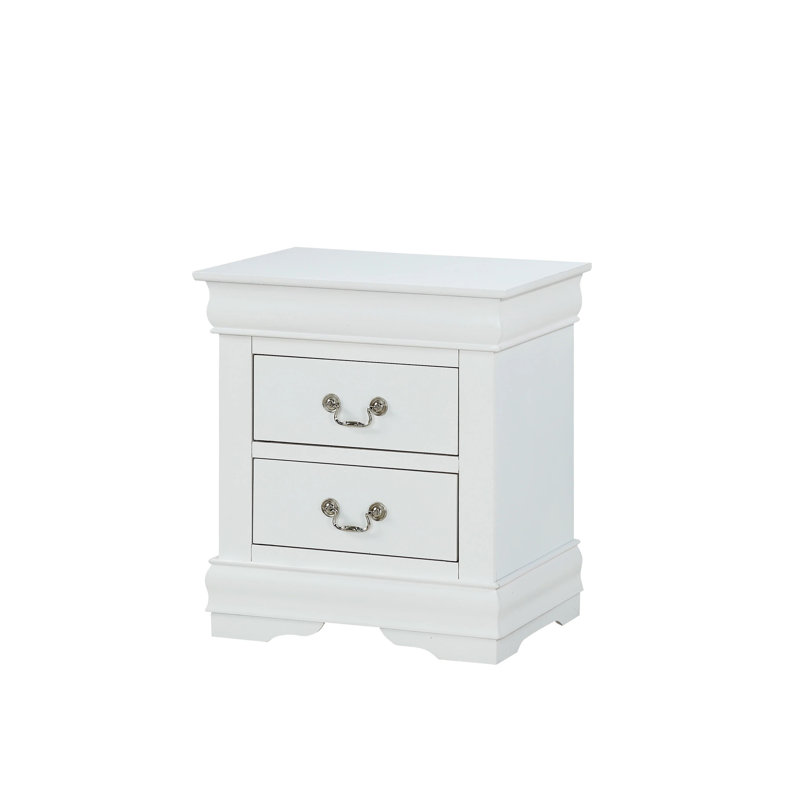 Table de chevet en bois massif de style simple en blanc, deux tiroirs, pieds de support pour stabilité en bois blanc, détails entièrement finis