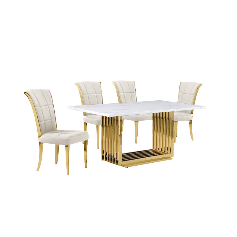 Kernisha Marble Top Pedestal Dining Set, 5, Cream/Gold, Gold