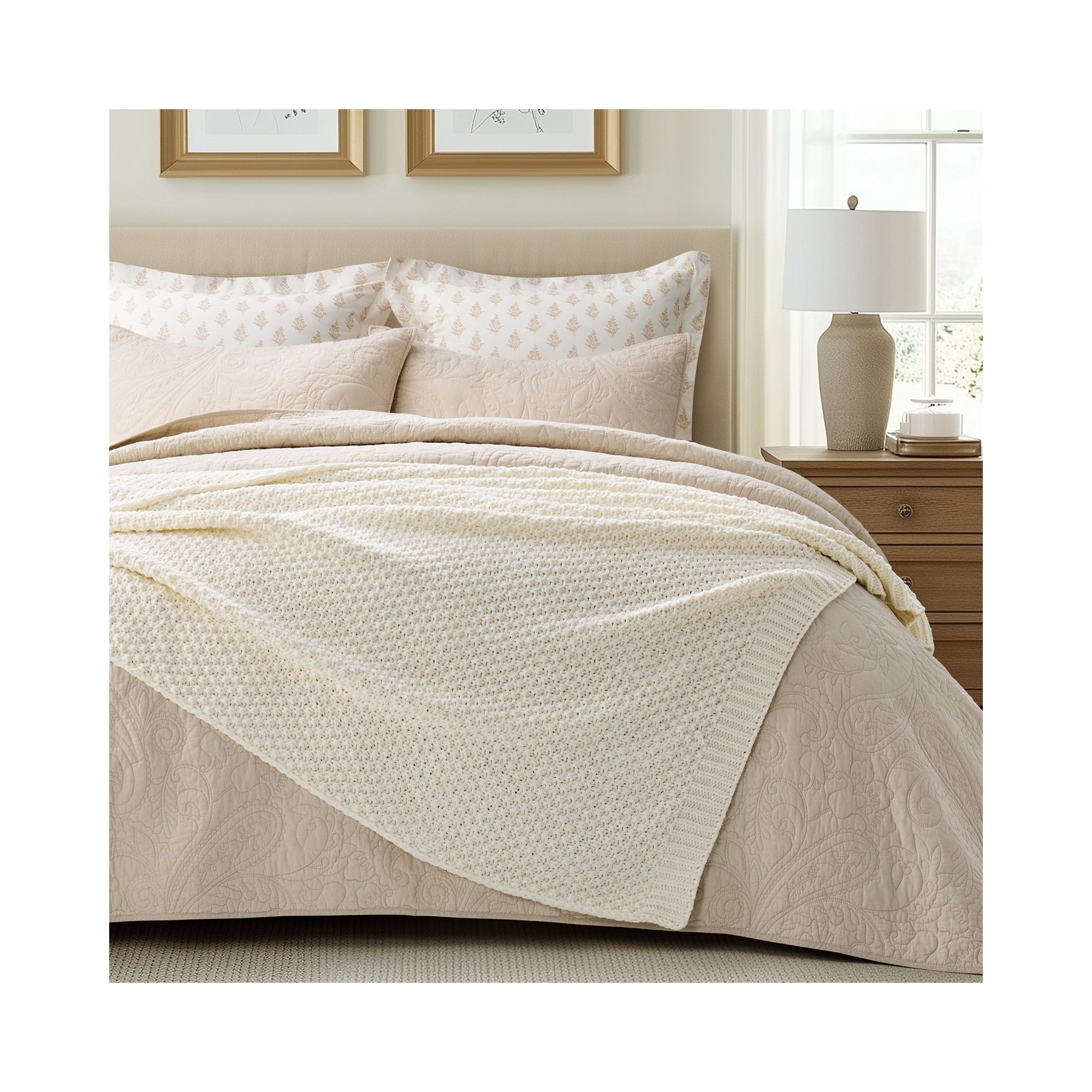 Chunky Chenille Knit Throw Blanket, Ivory White, 60" L x 50" W