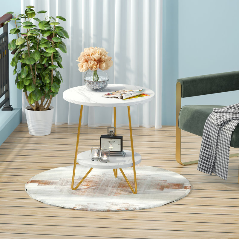 Oni Faux Marble End Table with Storage Shelf , White/Gold