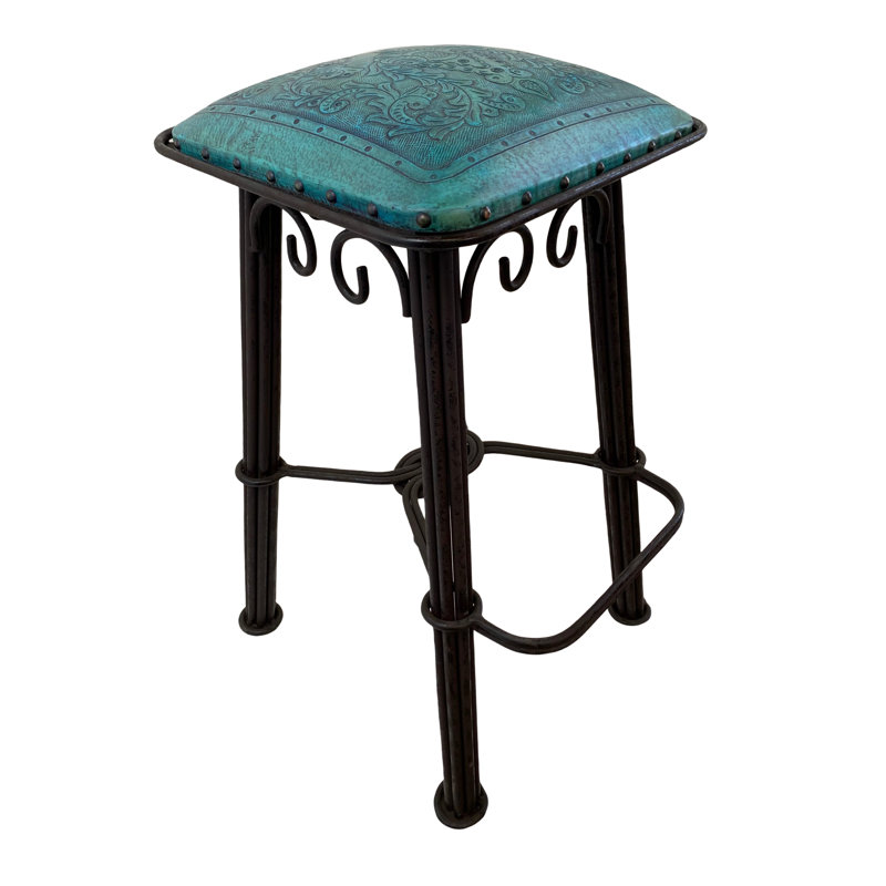 Akaash Upholstered Counter Stool with Metal Frame, Turquoise, Bar Stool (30” Seat Height)