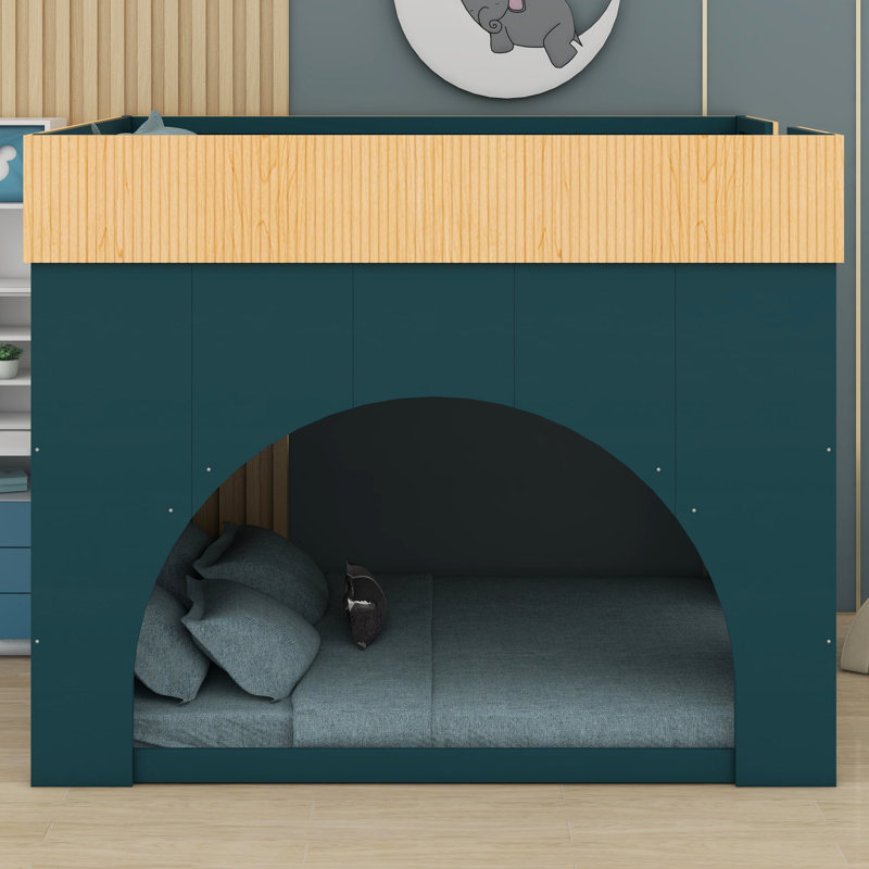 Lit superposé avec éclairage DEL et structure renforcée pour chambres d'enfants modernes, Lit double, Green+Natural