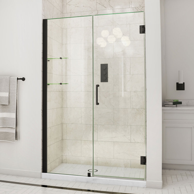 DreamLine Unidoor 41 - 42 inch W x 72 inch H Frameless Hinged Shower Door with Shelves in Matte Black, Matte Black, 42"
