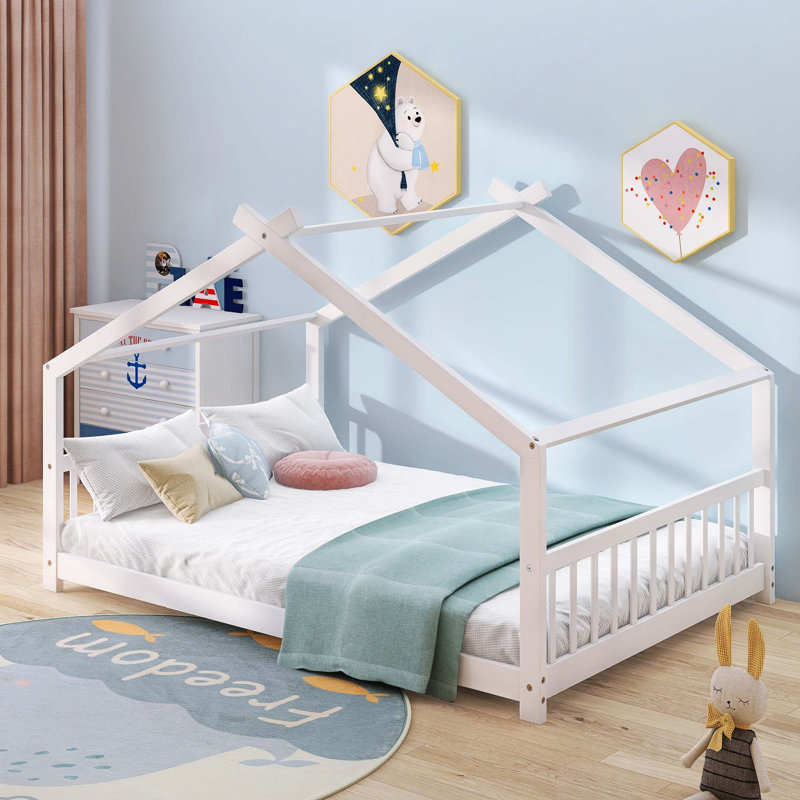 House Bed Wood Bed, Full , White