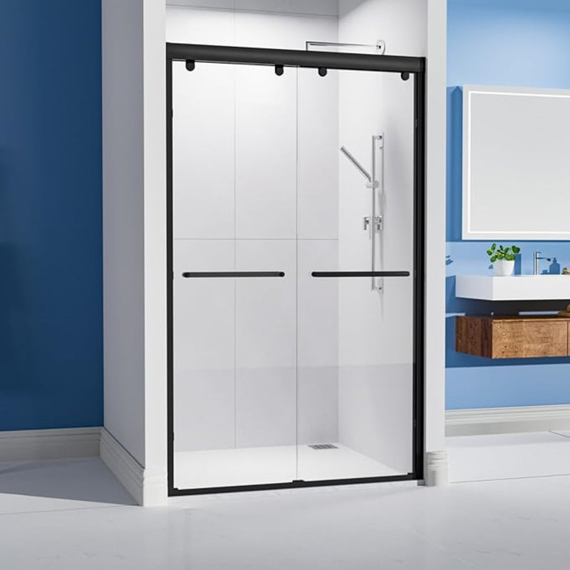 Porte de douche coulissante double sans cadre de 44 à 48 po x H 75 po en verre trempé transparent, Noir mat