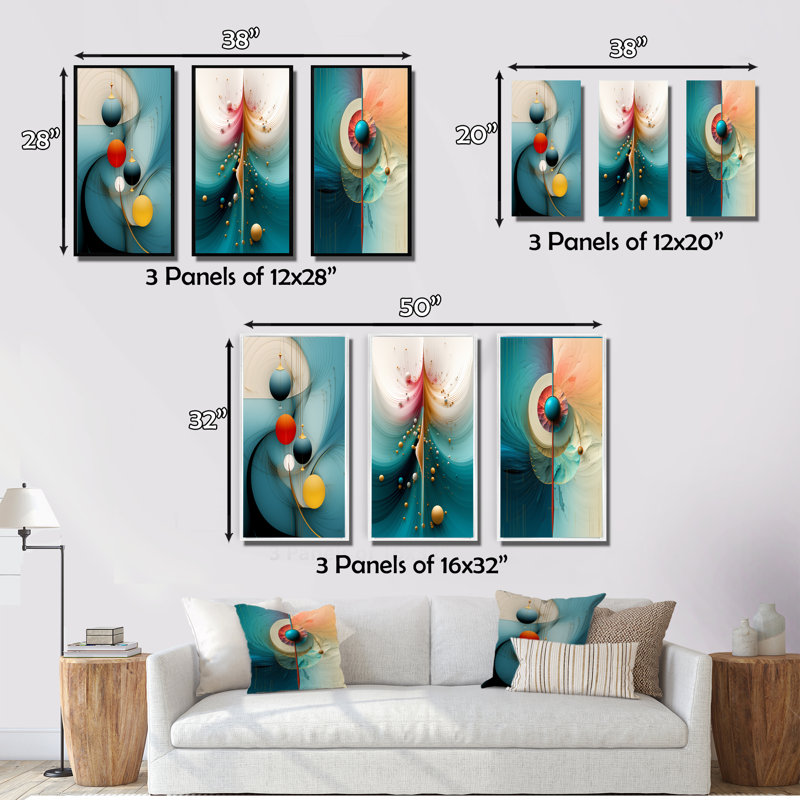 "Géométrie de la sagesse turquoise abstrait II" - 3 pièces, Cadre flottant doré, H 28 po x l 36 po