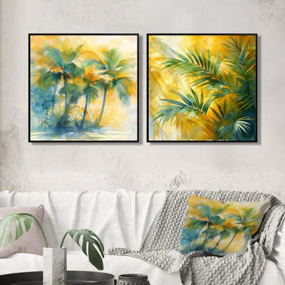 «Yellow Green Palm Trees Frond Dance I» - art mural palmiers et palmiers - ensemble d'art mural traditionnel 2 pièces