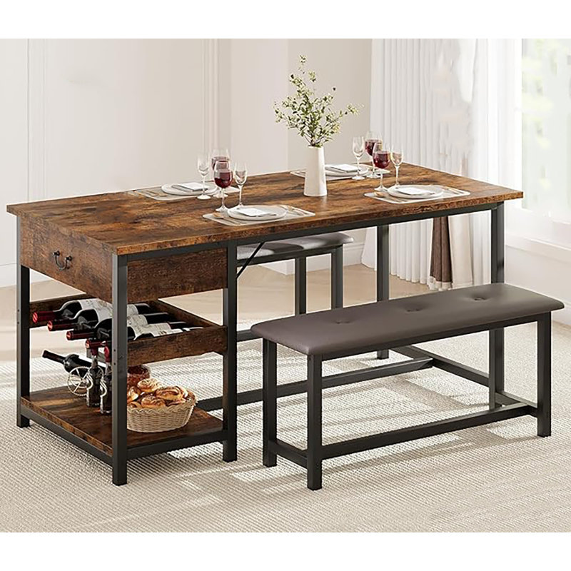 Ensemble de table de salle à manger de cuisine avec bancs rembourrés, Brun
