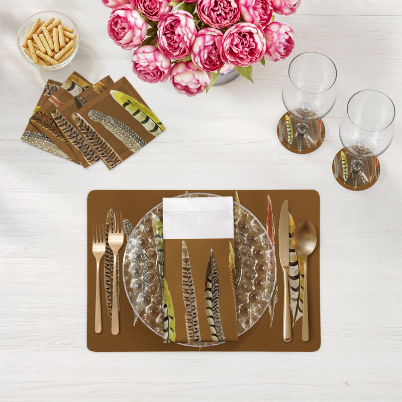 Pheasant Feathers Vegan Leather Rectangle Pebble Placemat, Brown