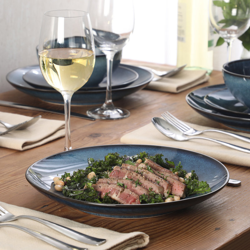 Ensemble d'assiettes et bols Gibson Elite Castle Peak, ensemble de vaisselle 12 pièces, plats en grès émaillé bleu réactif, assiettes à dîner, assiettes à salade et bols à céréales