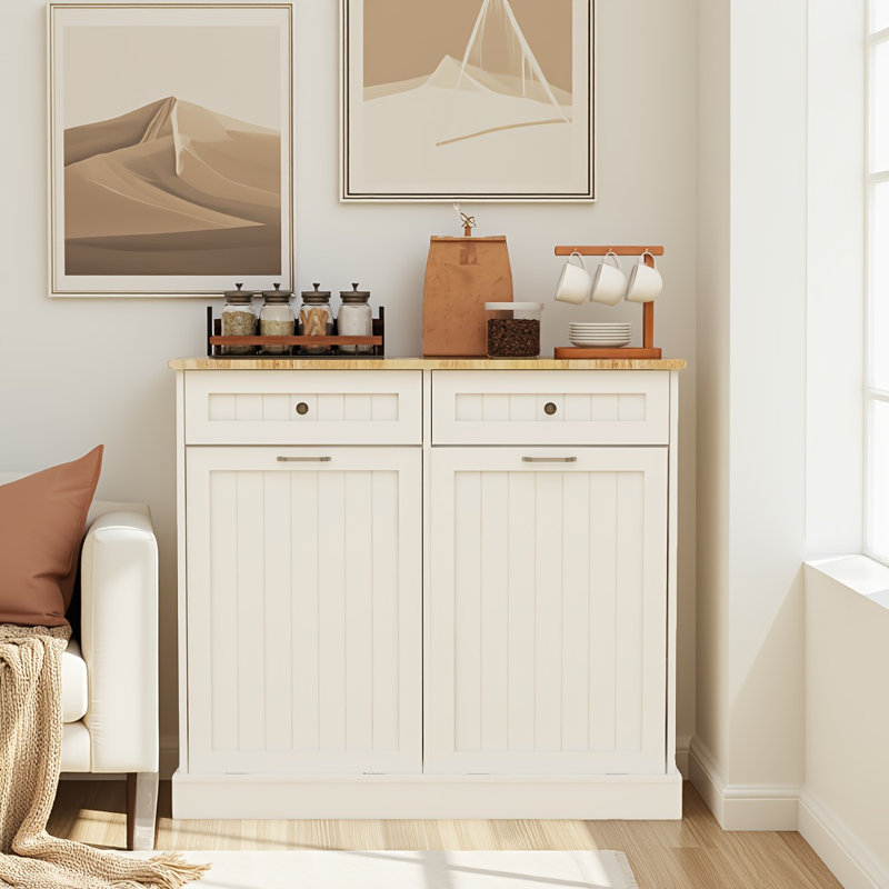Armoire à ordures basculante blanche à deux tiroirs - poubelle de cuisine de 10 gallons avec compartiments cachés et comptoir