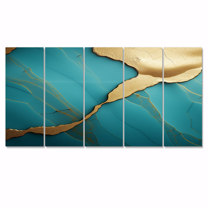 Touch of Gold on Turquoise Agate - Marble Wall Art Decor, 5 pièces, H 32 po x l 80 po