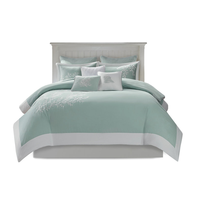 Housse de couette pour lit double / grand 100% coton - Ravissante broderie corail et bordure à bord double / grand, avec pièces élégantes