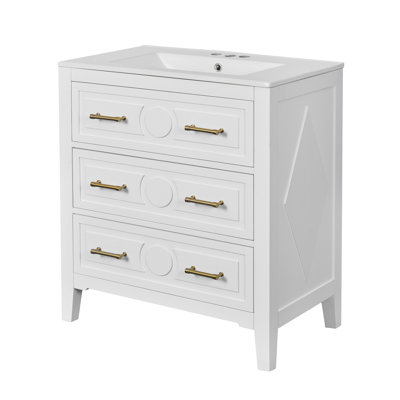 Ensemble de meuble-lavabo simple 30 po avec 3 tiroirs, meuble-lavabo autoportant avec cadre en bois massif 30 po, blanc