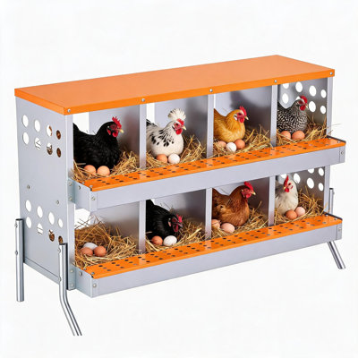 Nichoir à poules en acier galvanisé avec support, couvercle à charnière pour la récupération des œufs, plateau séparateur amovible, boîte à pondeuse en métal antirouille, orange - 8 compartiments 110 x 43 x 76 cm