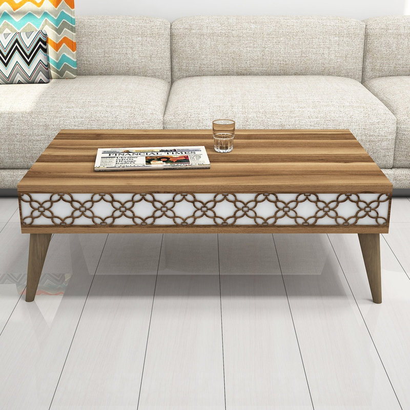 Modern Coffee Table, Walnut & White, 41.3 x 14.4 x 23.6 inches | 100% Melamine Coated Particle Board, Thickness: 0.7 inches | Stylish Geometric Design with CNC Relief & Plastic Legs | Perfect for Living Room Décor