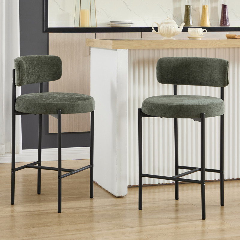 Ensemble de 4 tabourets de bar 26,8 po avec dossier courbé, siège en chenille vert moderne, Green