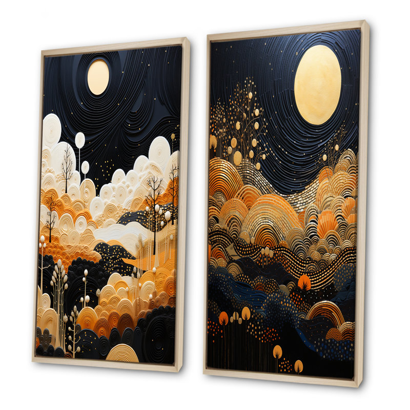 Orange Desert Sun In Bold Landscape I - Abstract Collages Canvas Art Print Set Of 2, Cadre flottant brun, H 32 po x l 33 po