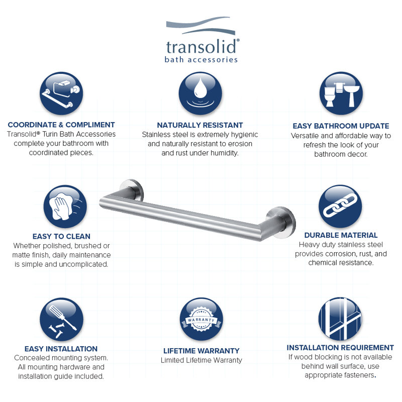 Turin Grab Bar, 16" W, Brushed Stainless