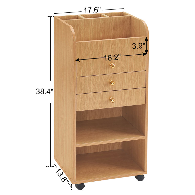 Oak Finish Rolling Salon Utility Trolley with Storage Drawers