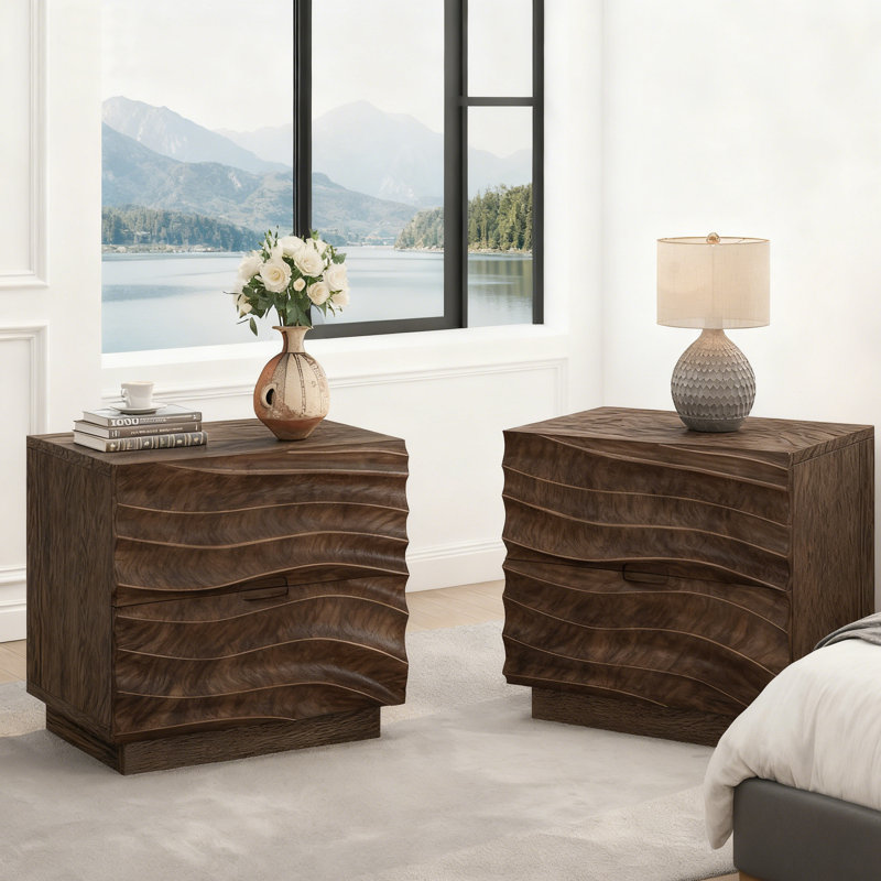 Solid Wood Nightstand With 2 Drawers, Handle-Free Bedside Table Set Of 2, Set of 2, Brown