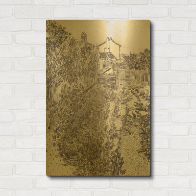 «Jardin avec fleurs» par Vincent Van Gogh, art mural en métal doré, 24 po x 36 po