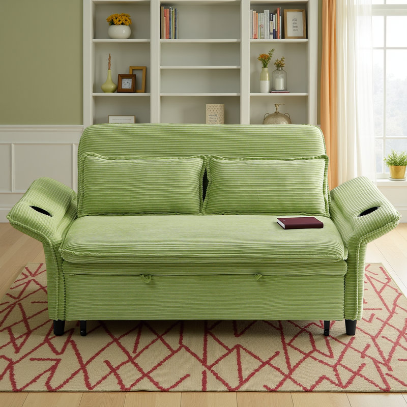 Multi-Functional 65.7" Adjustable Sofa Bed with Pull-Out Sleeper, 2 Soft Pillows and 2 Cup Holders, Green