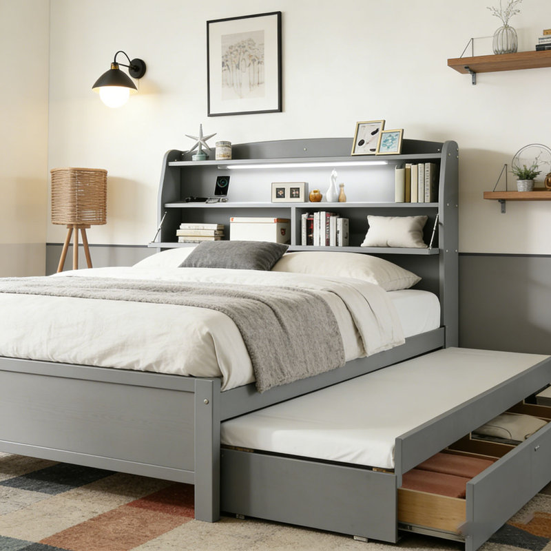 Lit plateforme en bois avec lit gigogne et tête de lit à DEL avec tiroirs, Lit double, Gris