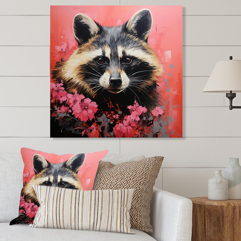 Fleur de raton laveur noir et rose I - Art mural en métal avec un raton laveur, H 16 po x l 16 po x P 1 po
