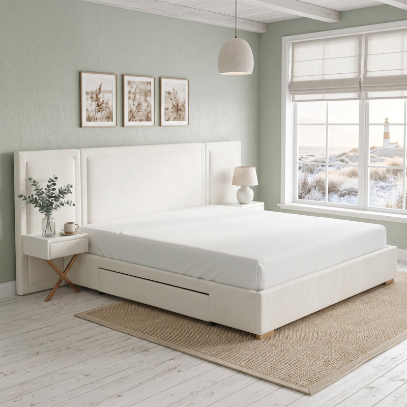 Modern Wide-Panel Upholstered Bed, King, White Velvet, White, King