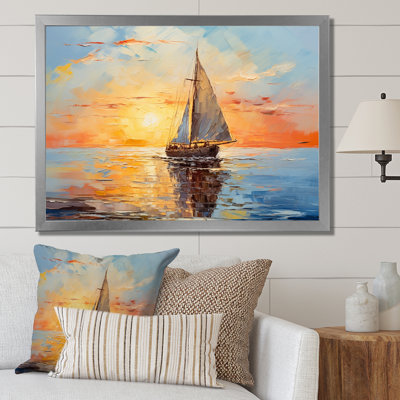 Coucher de soleil orange sur un bateau I - bateau à voile, art mural