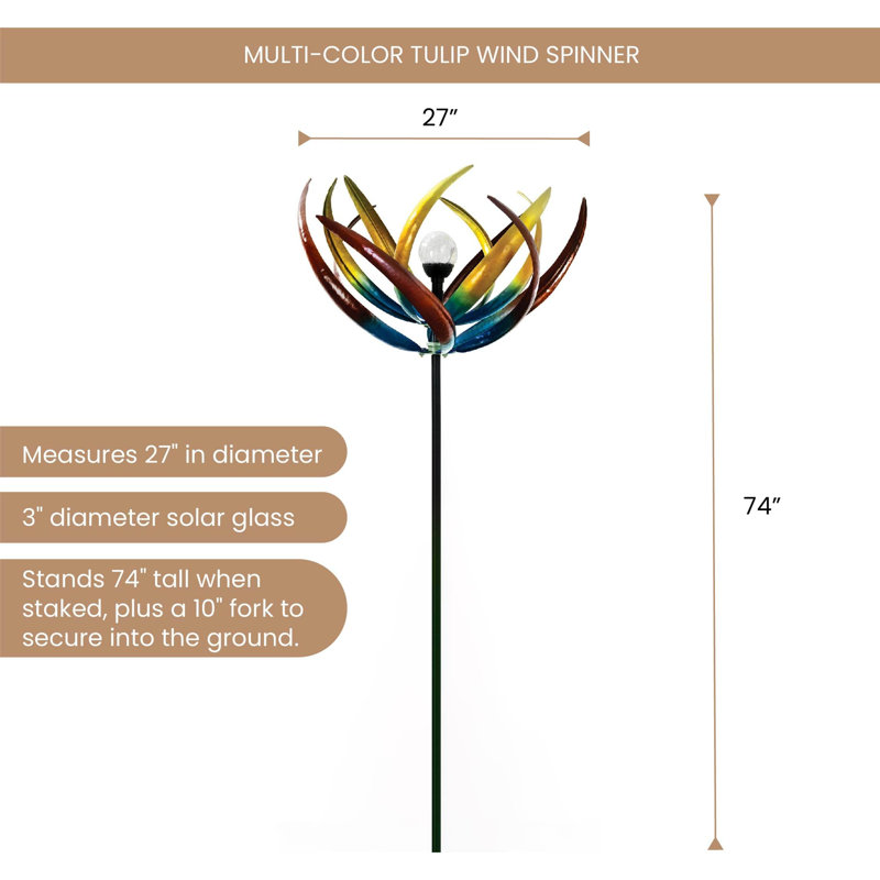 74" Multi-Color Tulip Wind Spinner with Solar Glass Ball