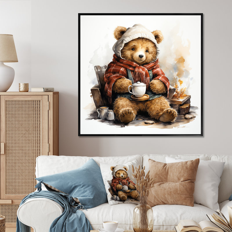 Cozy Teddy Bear chocolat en hiver I - art mural de l'ours en peluche, Cadre flottant noir, H 16 po x l 16 po x P 1 po