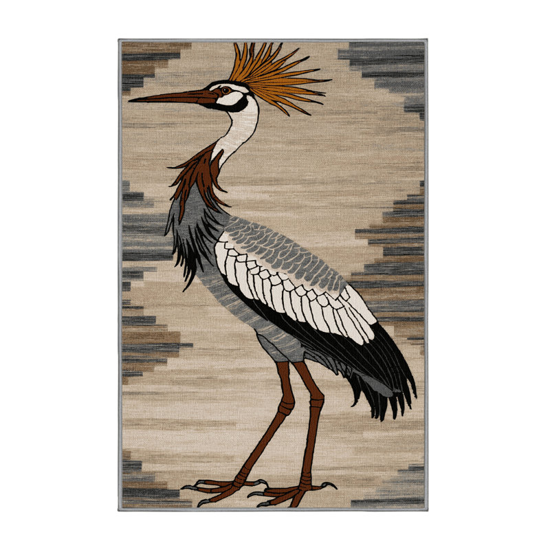 Washable Grey Crowned Crane Wildlife Area Rug, Rectangle 6' x 9'