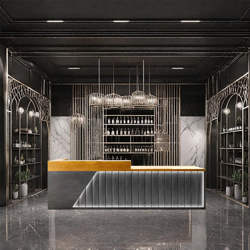 Retro Olutobi with Lockable Drawers, Wine Storage Cubbies, Hanging Wine Glass Rack, and LED Lighting, Gray