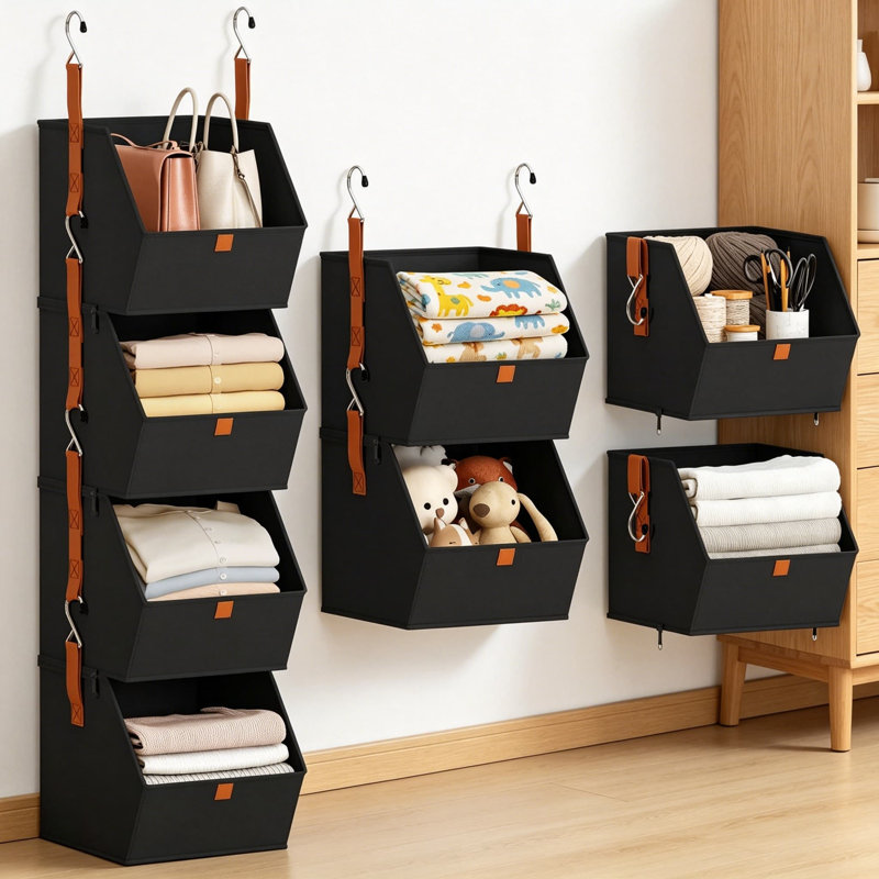 Hanging Closet Organizer 4 Tier, Space-Saving Closet System with Fabric Shelves, Collapsible Storage Bins for Bedroom, Dorm, RV, and Walk-In Closet, Black