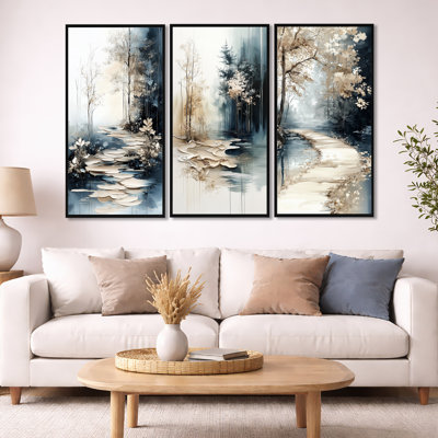 «Woodtrail Fall Lake Path - Lake», ensemble d'art mural sur toile