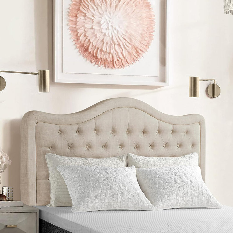 Adjustable Headboard with Fine Linen Upholstery and Button Tufting for Bedroom, Beige, Queen