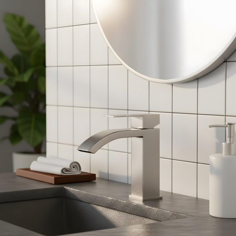 Waterfall Spout Bathroom Sink Faucet with Single-Handle and Pop-Up Drain Assembly, Brushed Nickel