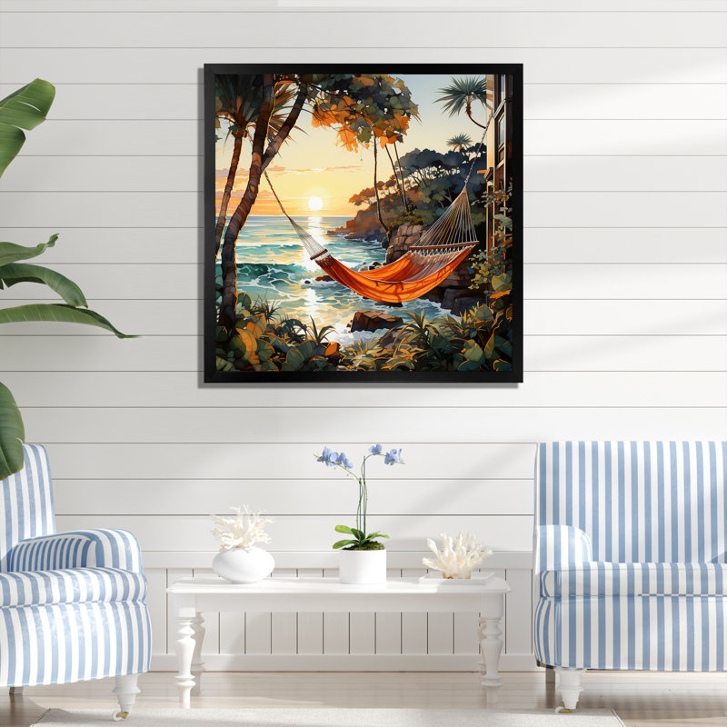 Coucher de soleil hamac près de la plage II - art mural côtier tropical, Cadre simple noir, H 30 po x l 30 po x P 1,5 po