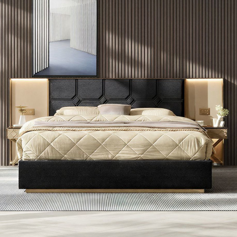Luxurious Upholstered Queen Platform Bed With LED Lights & Charging Station And 2 Bedside Tables,Velvet Tufted And Metal Headboard With Metal Slat Support ,No Box Spring Needed,Black